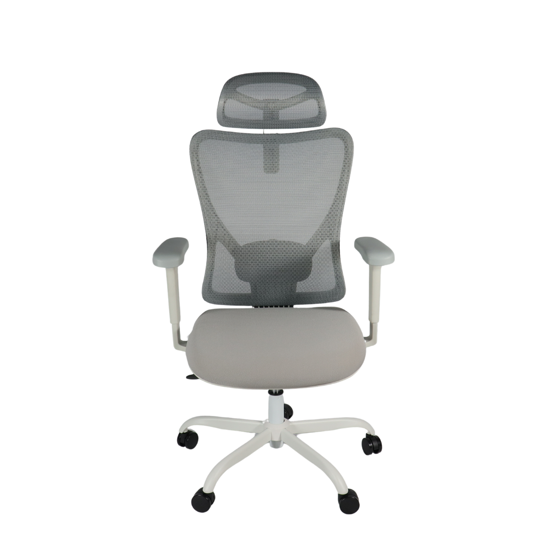 Silla ergonómica premium ZENON color gris, vista frontal para oficina en casa