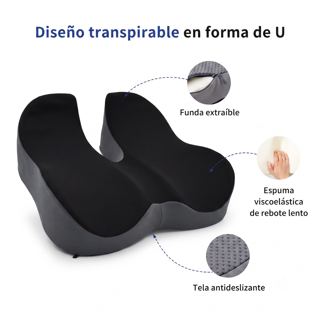 Diseño transpirable en forma de U del cojín ergonómico: funda extraíble, espuma viscoelástica y tela antideslizante