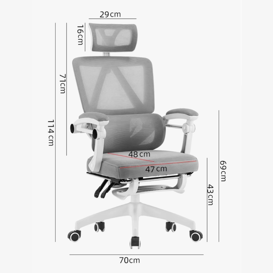 Medidas de la silla ergonómica TOKIO: altura, ancho de asiento y reposacabezas en centímetros