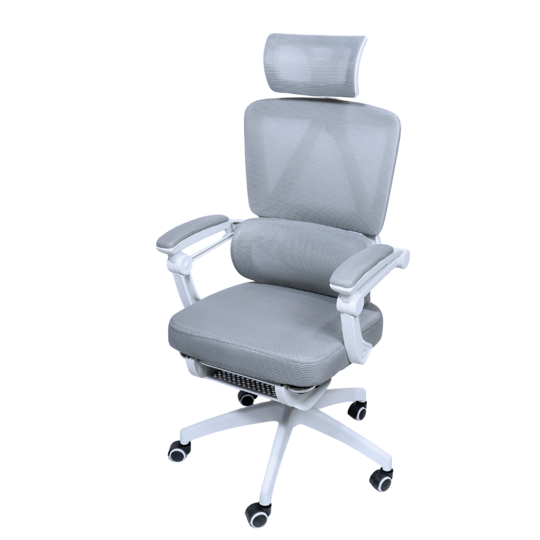 Silla ergonómica TOKIO blanco con gris, vista frontal con reposapiés retraído