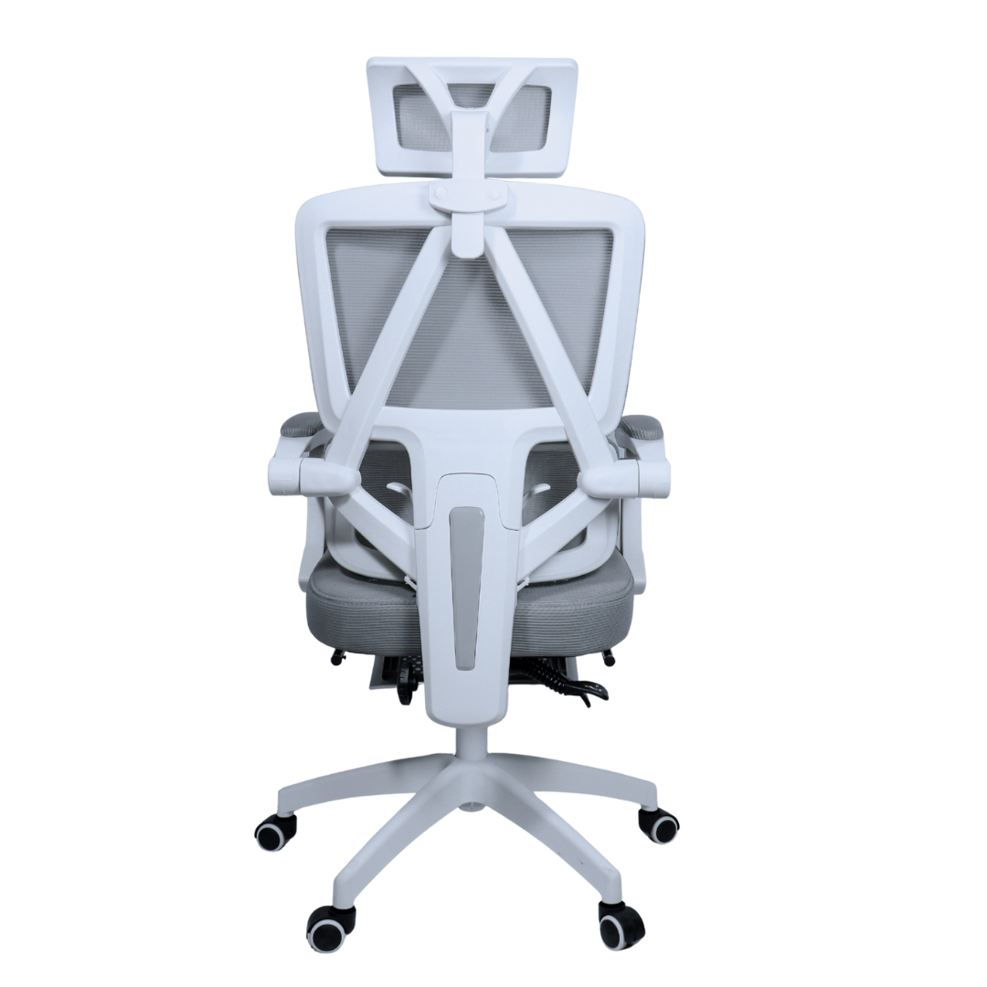 Silla ergonómica TOKIO blanco con gris, vista posterior mostrando el respaldo de malla