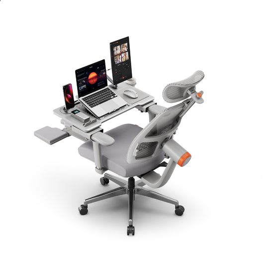 Silla ERGO-PRO con mesa giratoria integrada para laptop y monitores, ideal para oficina en casa