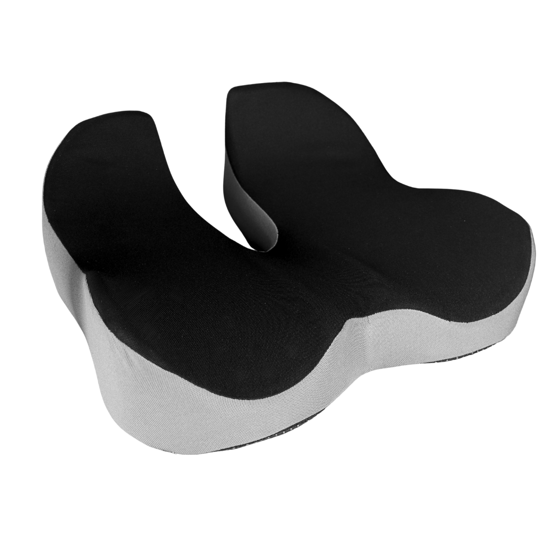 Cojín ergonómico para sentarse con memory foam, vista de tres cuartos con corte ortopédico en U - oficina en casa Colombia