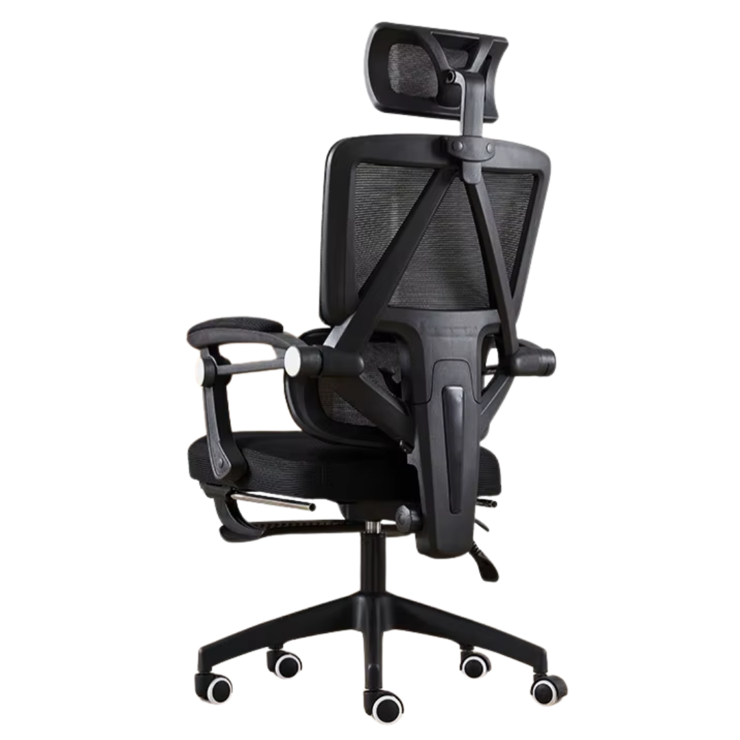 Silla ergonómica reclinable TOKIO color negro, vista trasera con estructura de soporte en malla