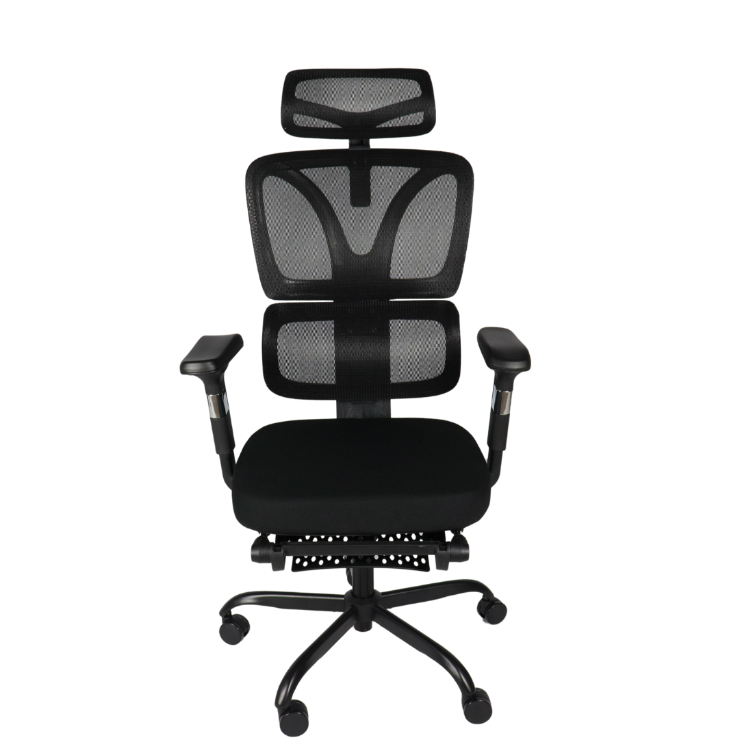 Silla ergonómica ROMA negra, vista frontal con reposacabezas y reposabrazos ajustables