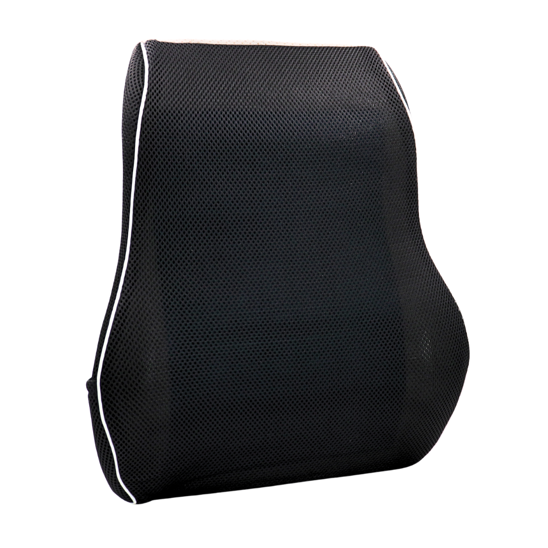 Cojín ergonómico espaldar lumbar con gel refrescante y memory foam, vista lateral en malla negra