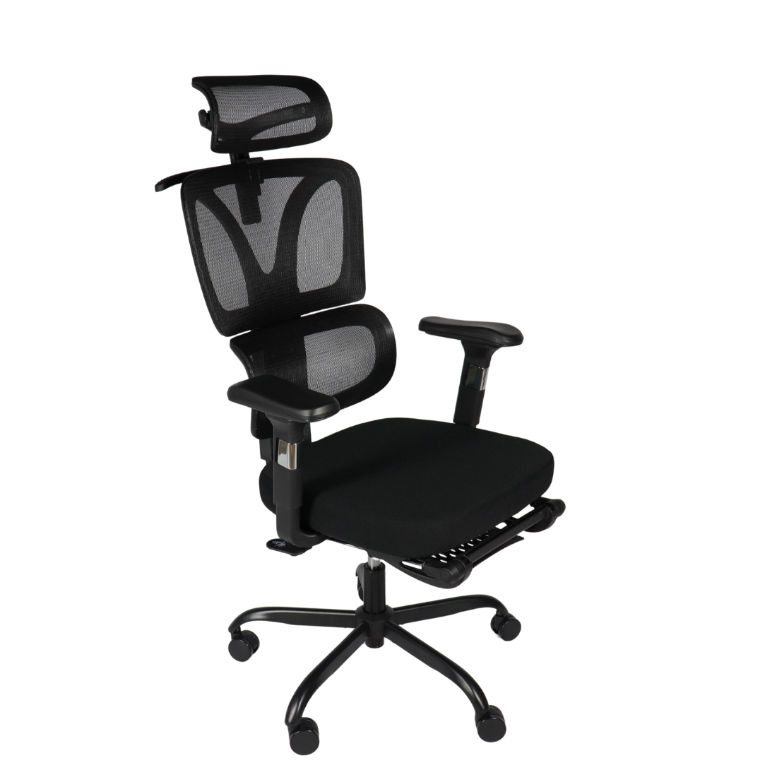 Silla ergonómica reclinable ROMA vista de tres cuartos, reposapiés retráctil semi extendido