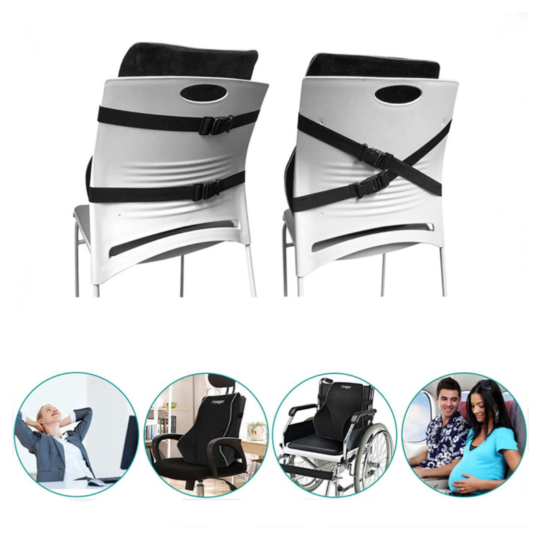 Detalle de las correas y hebillas del cojín lumbar en dos configuraciones de sujeción