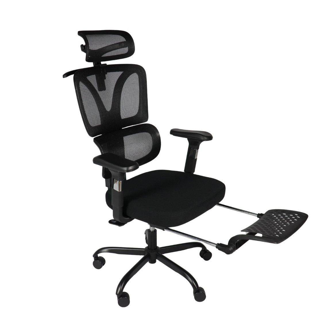 Silla ergonómica ROMA reclinada con reposapiés extendido, ideal para descansar en el trabajo