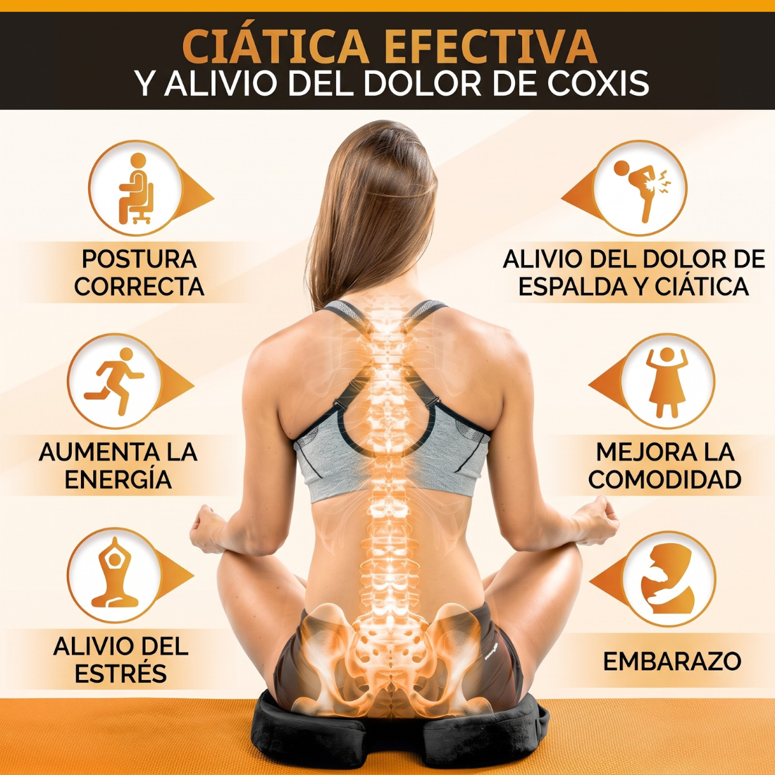 Cojín ergonómico con gel refrescante, alivio efectivo para ciática y dolor de cóccix
