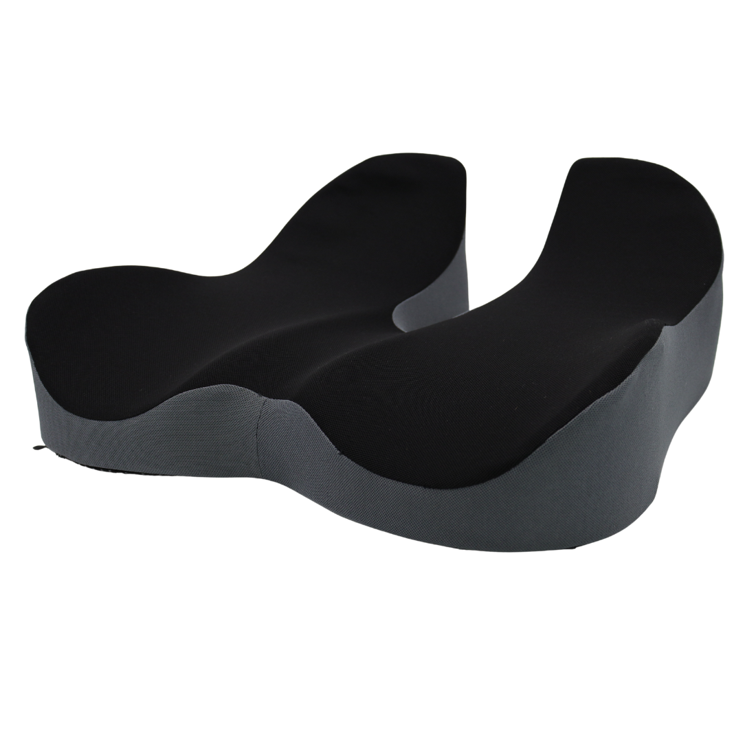 Cojín ergonómico para sentarse con memory foam, vista lateral con corte ortopédico en U