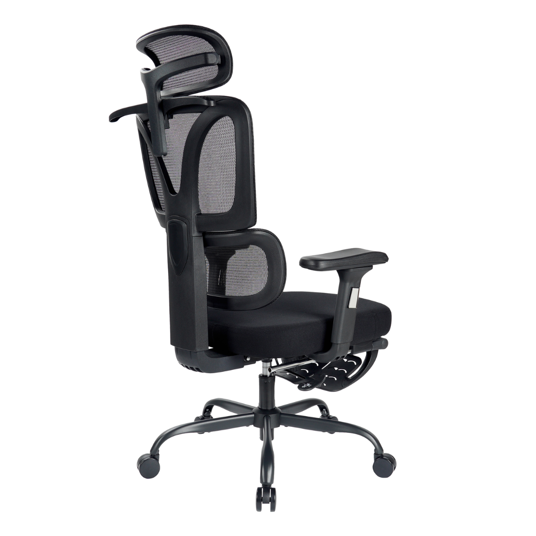 Silla ergonómica ROMA vista posterior en ángulo, mecanismo reclinable y reposacabezas plegable