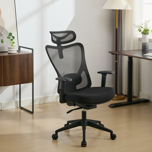 Silla ergonómica premium ZENON color negro en una oficina en casa con lámpara y plantas
