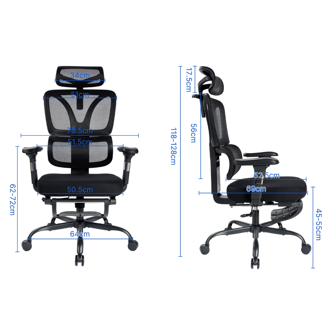 Medidas de la silla ergonómica ROMA: altura, ancho de asiento y reposapiés en centímetros