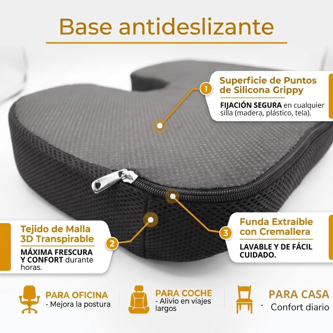 Base antideslizante del cojín ergonómico con gel, funda transpirable y extraíble con cremallera