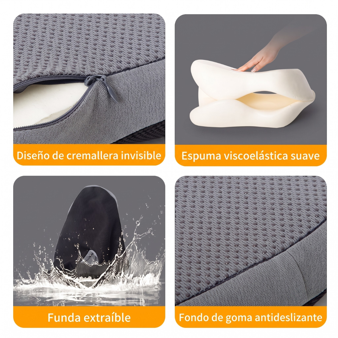 Características del cojín ergonómico con memory foam: cremallera invisible, espuma viscoelástica, funda extraíble y base antideslizante