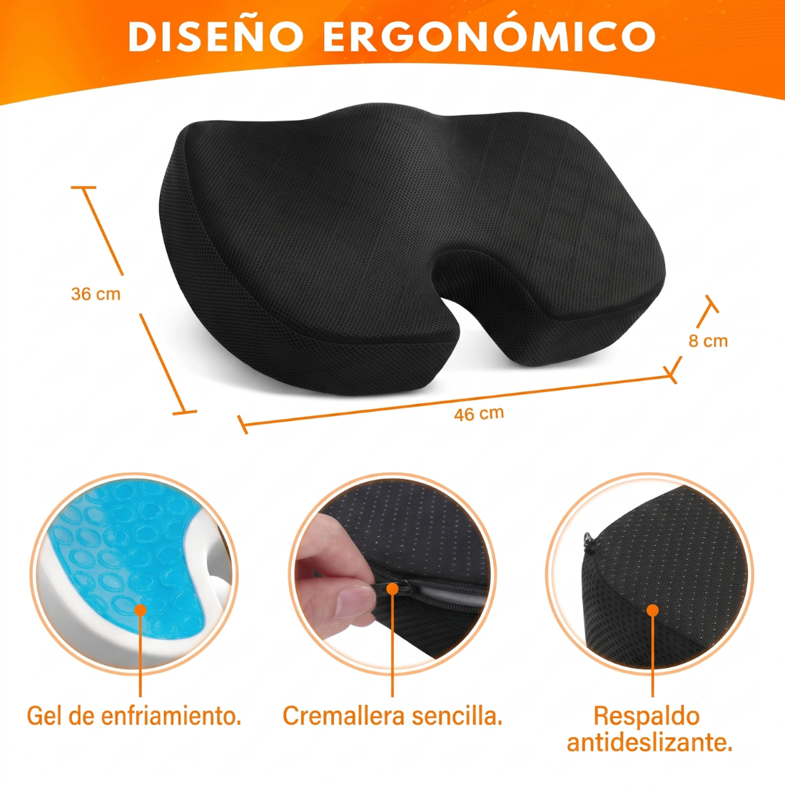 Diseño ergonómico del cojín con gel refrescante: medidas, cremallera y respaldo antideslizante