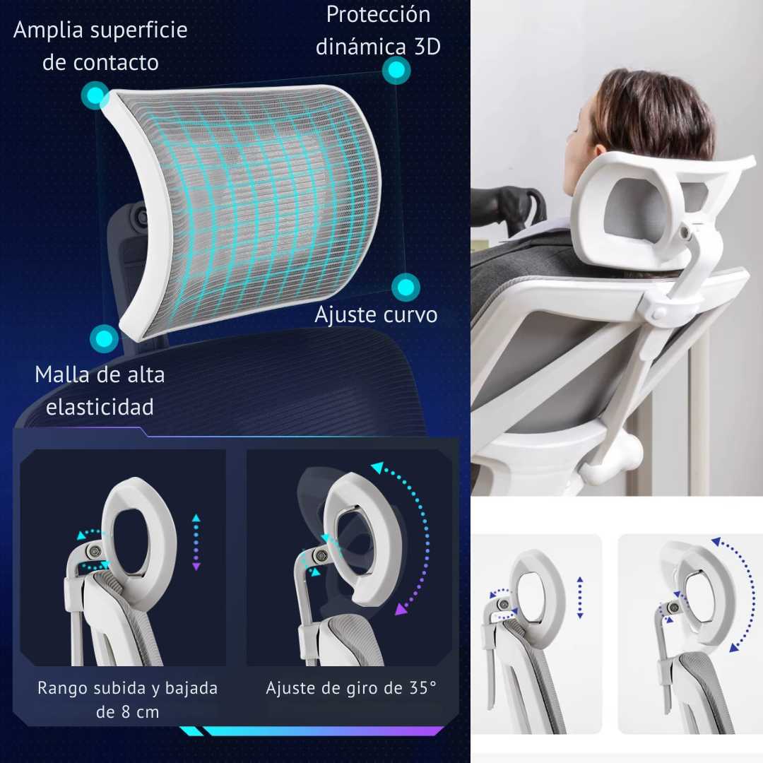 Reposacabezas ajustable de la silla ergonómica TOKIO: ajuste de altura de 8 cm y giro de 35 grados