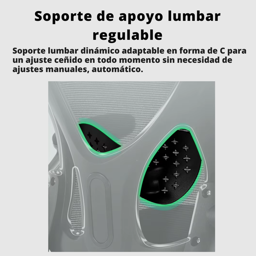 Soporte lumbar regulable en forma de C de la silla ergonómica ORION, ajuste automático sin manijas