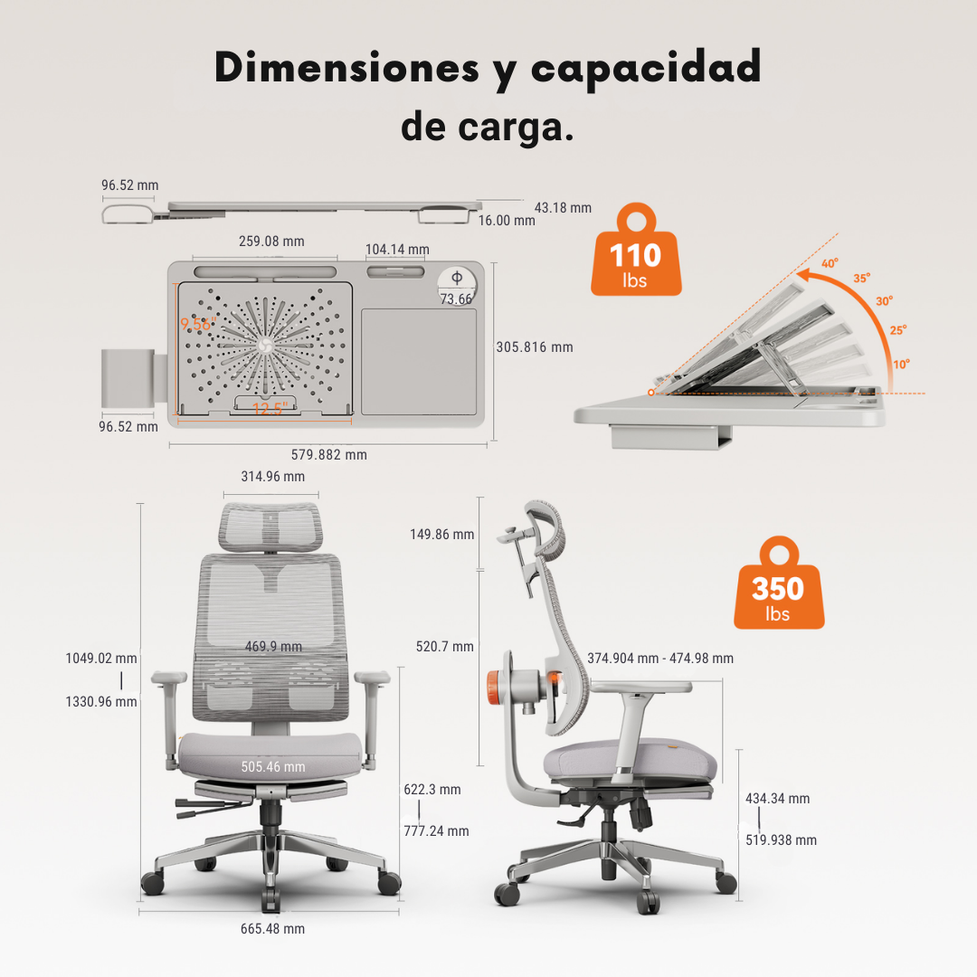 Dimensiones y capacidad de carga de la silla ERGO-PRO con mesa: hasta 350 libras