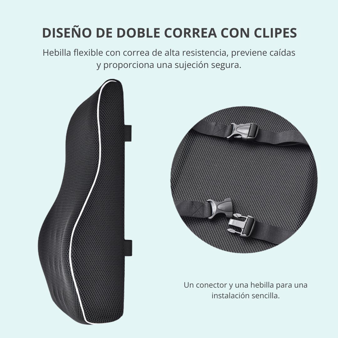 Infografía: diseño de doble correa con clips resistentes del cojín lumbar
