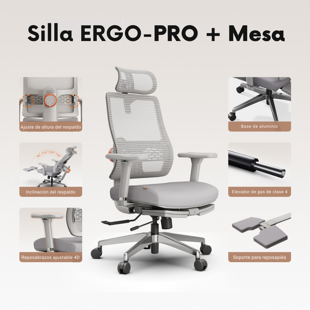 Silla ERGO-PRO + Mesa: ajuste de altura del respaldo, base de aluminio, elevador de gas clase 4 y reposabrazos 4D