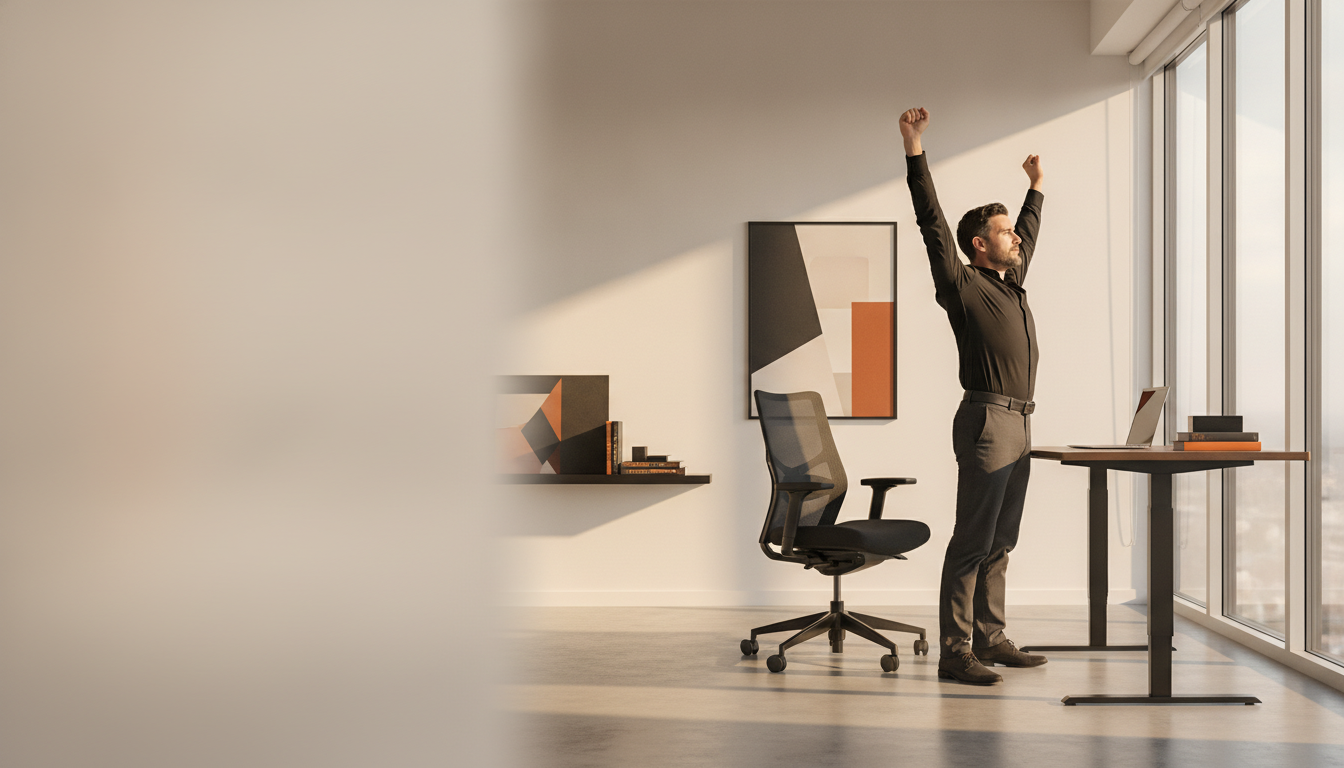 Emprendedor se levanta de su escritorio ajustable al atardecer, espacio de trabajo elegante The Businessman Co.