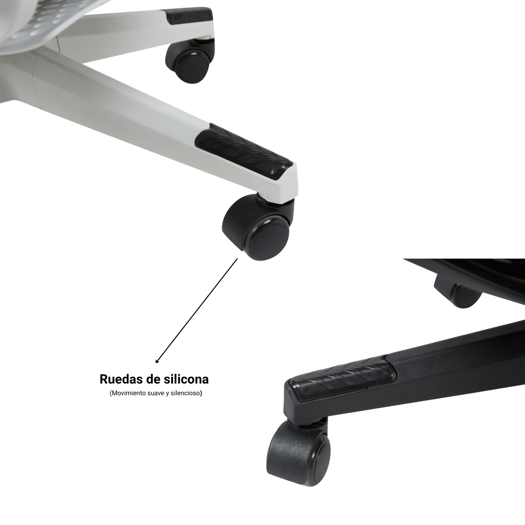 Silla Lyra, primer plano de la rueda de silicona y el soporte de la base