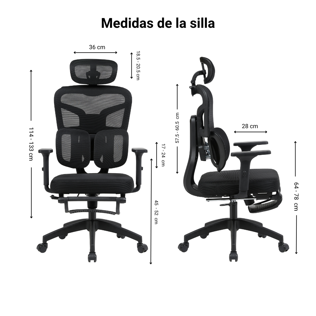 Medidas de la silla reclinable ergonómica Magnum con la nueva base y ruedas