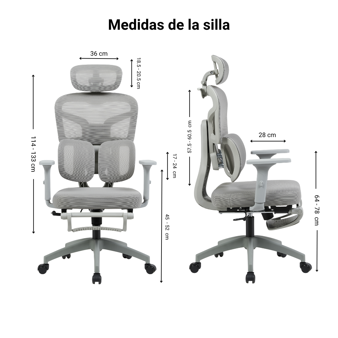 Medidas de la silla reclinable ergonómica Magnum, vista lateral con base actualizada