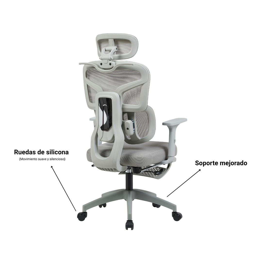 Detalle de las ruedas de silicona y el soporte mejorado de la base de la silla Magnum