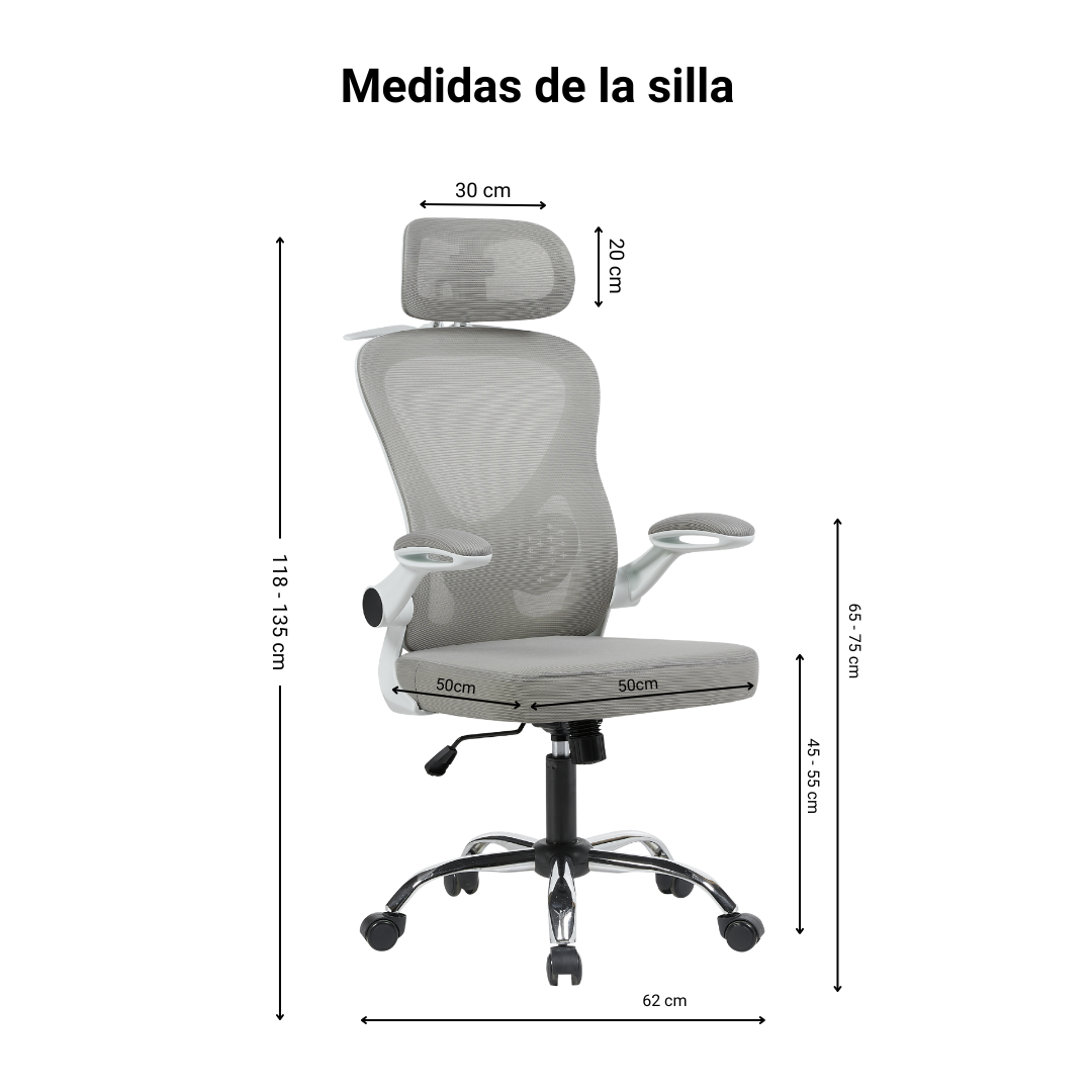 Medidas de la silla ergonómica Orion con la nueva base blanca y cromada