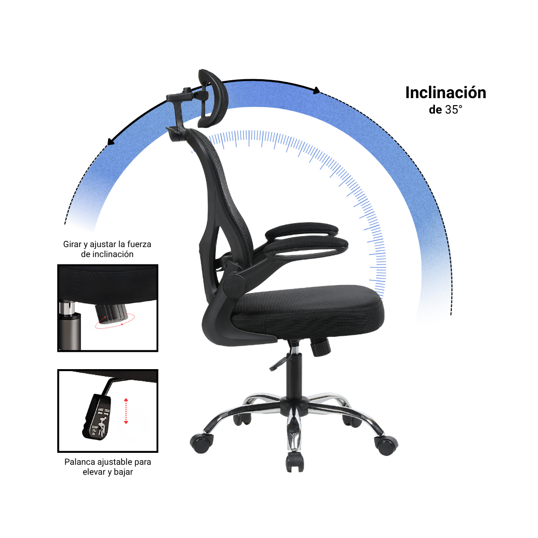Silla ergonómica Orion reclinable a 35 grados, palanca ajustable para elevar y bajar
