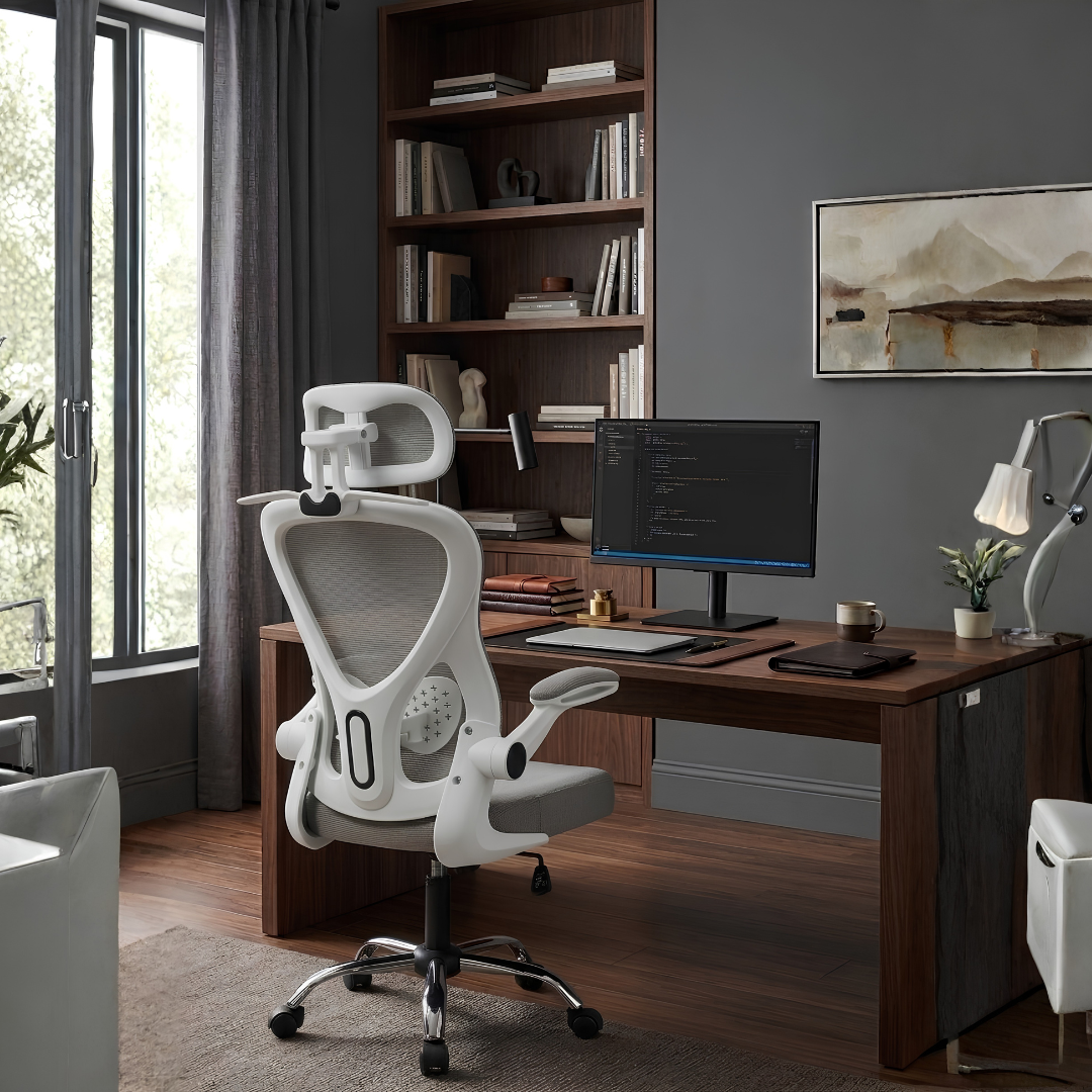 Silla ergonómica Orion vista trasera en un escritorio de madera