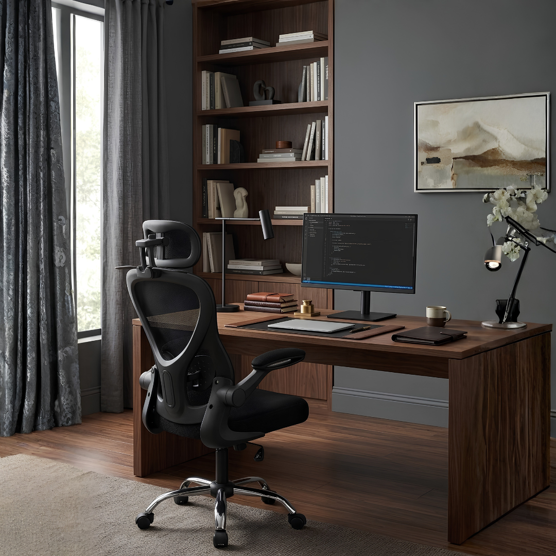 Silla ergonómica Orion negra en un escritorio de madera con estantería