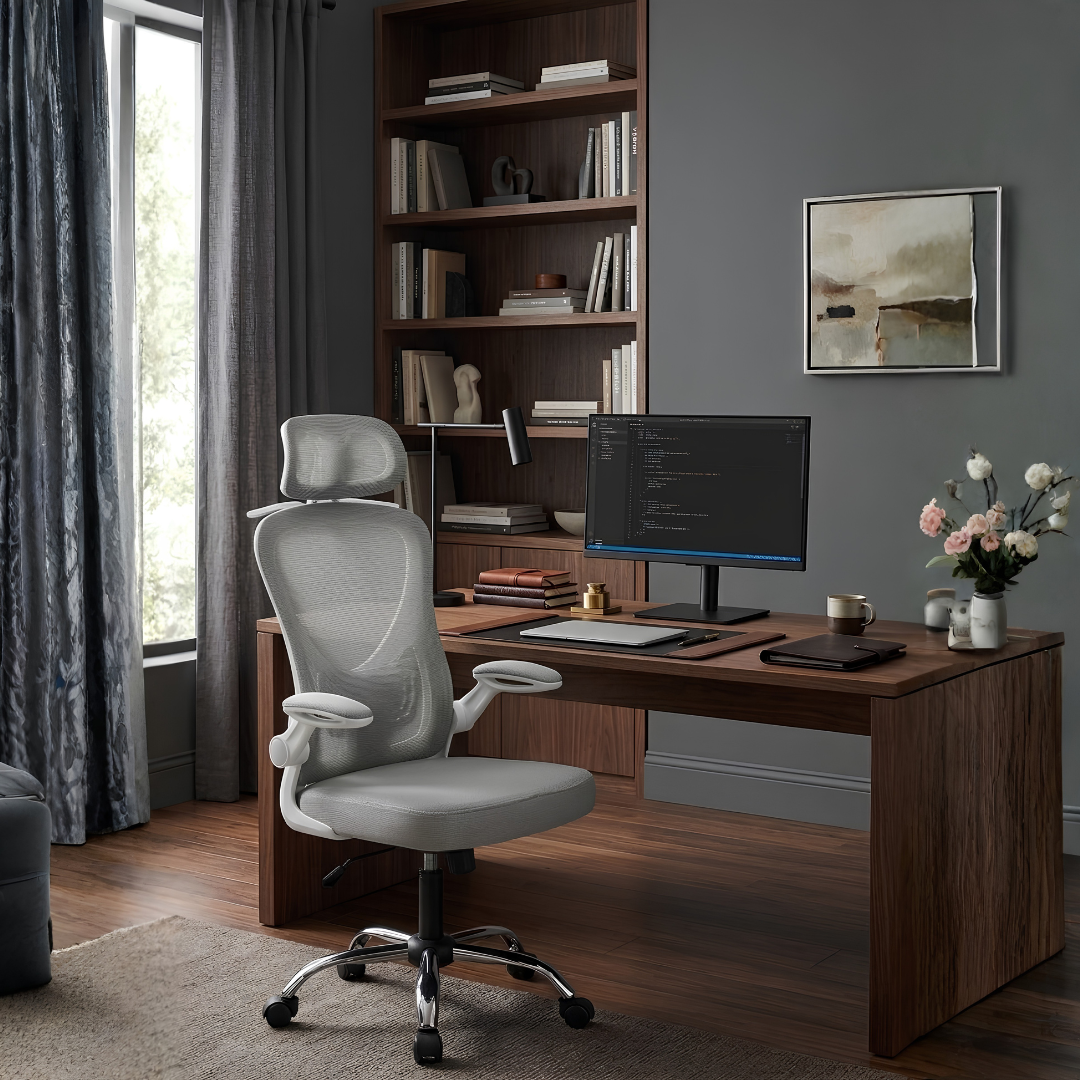 Silla ergonómica Orion gris en un escritorio de madera con estantería
