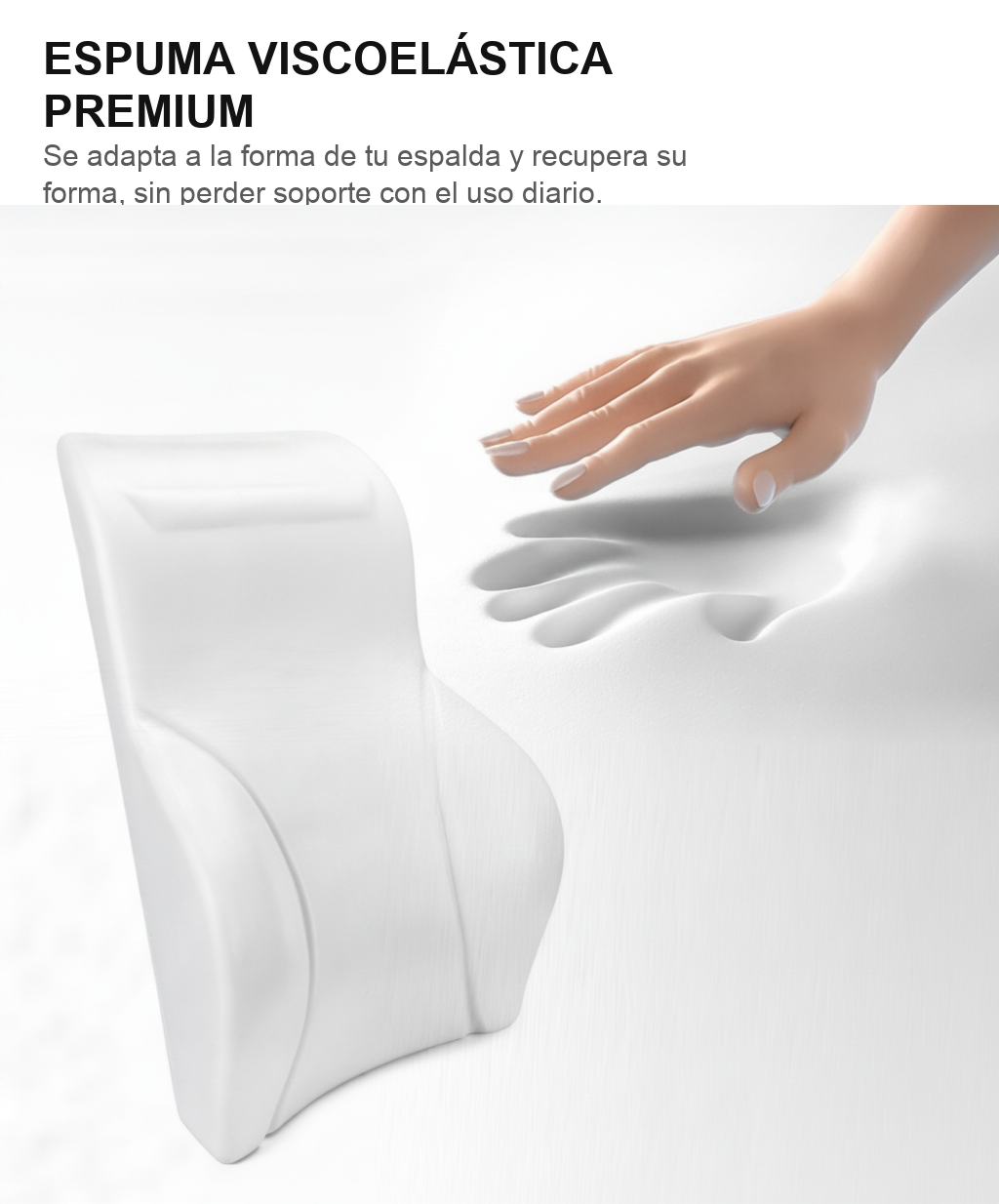 Infografía: espuma viscoelástica premium del cojín lumbar que se adapta a la espalda y recupera su forma