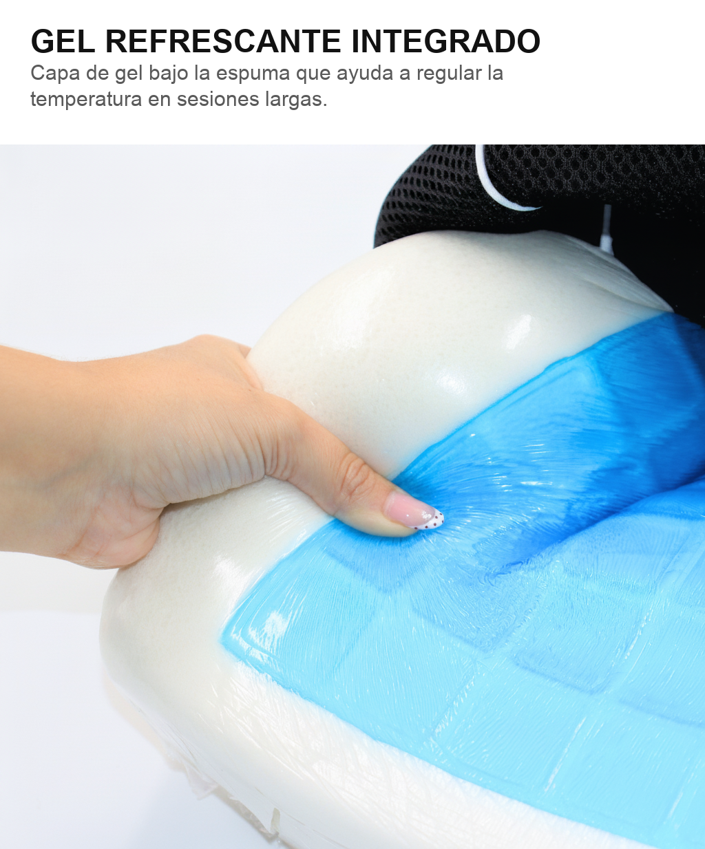 Infografía: gel refrescante integrado en el cojín lumbar para regular la temperatura en jornadas largas sentado