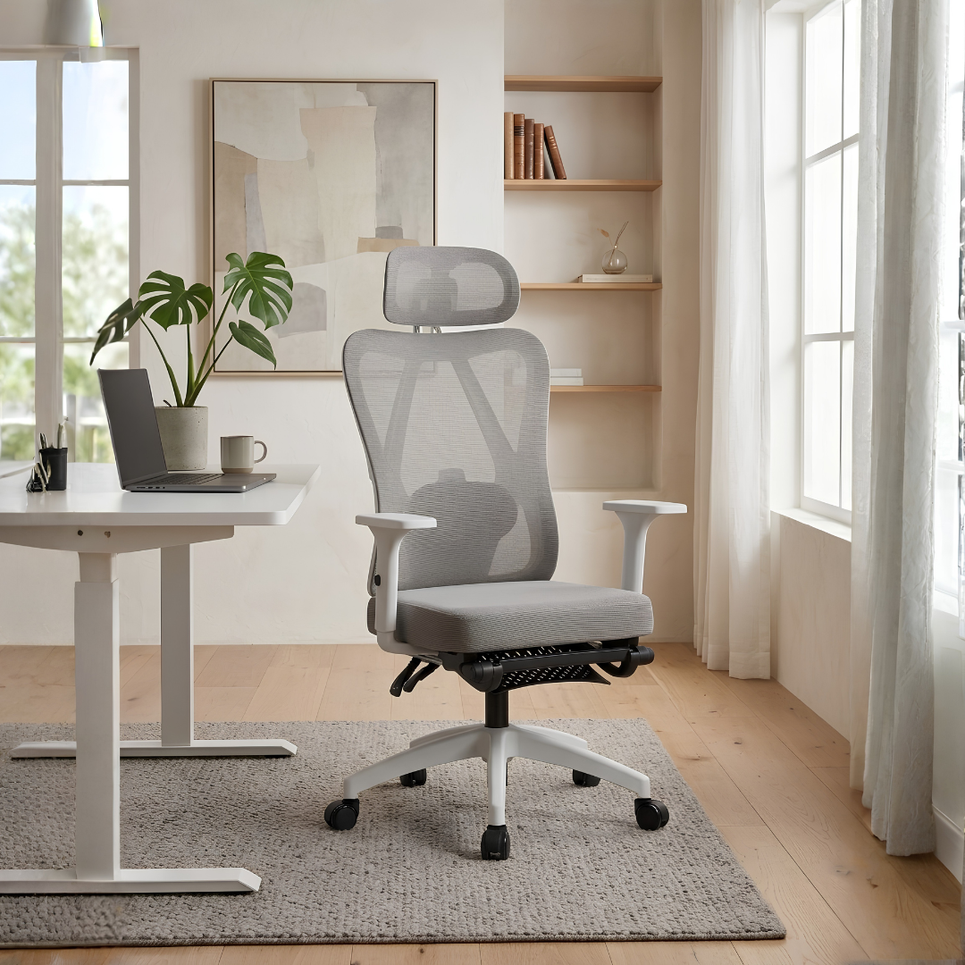 Silla reclinable ergonómica premium Zian en un escritorio blanco de oficina en casa