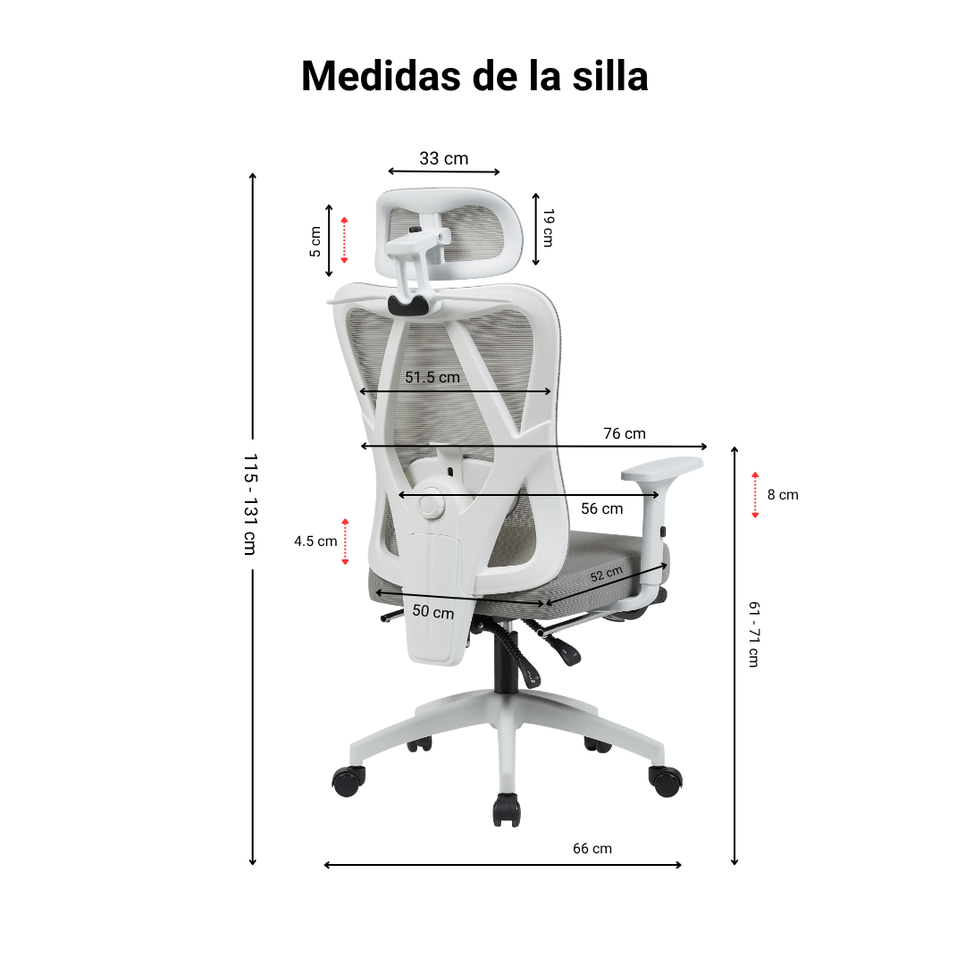 Medidas de la silla ergonómica Zian con la nueva base y ruedas