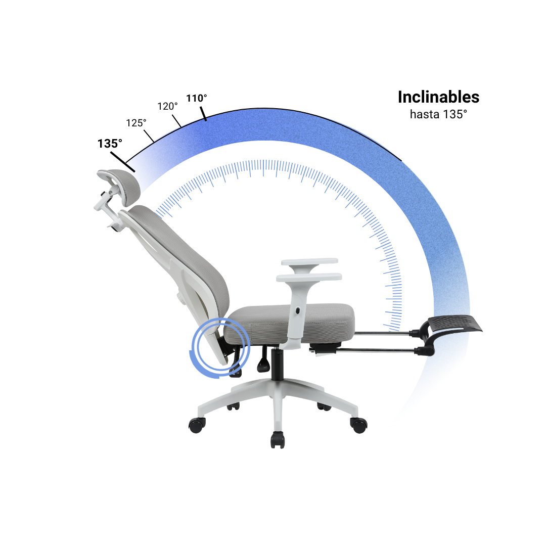 Silla Zian reclinable hasta 135 grados, vista lateral del mecanismo de inclinación